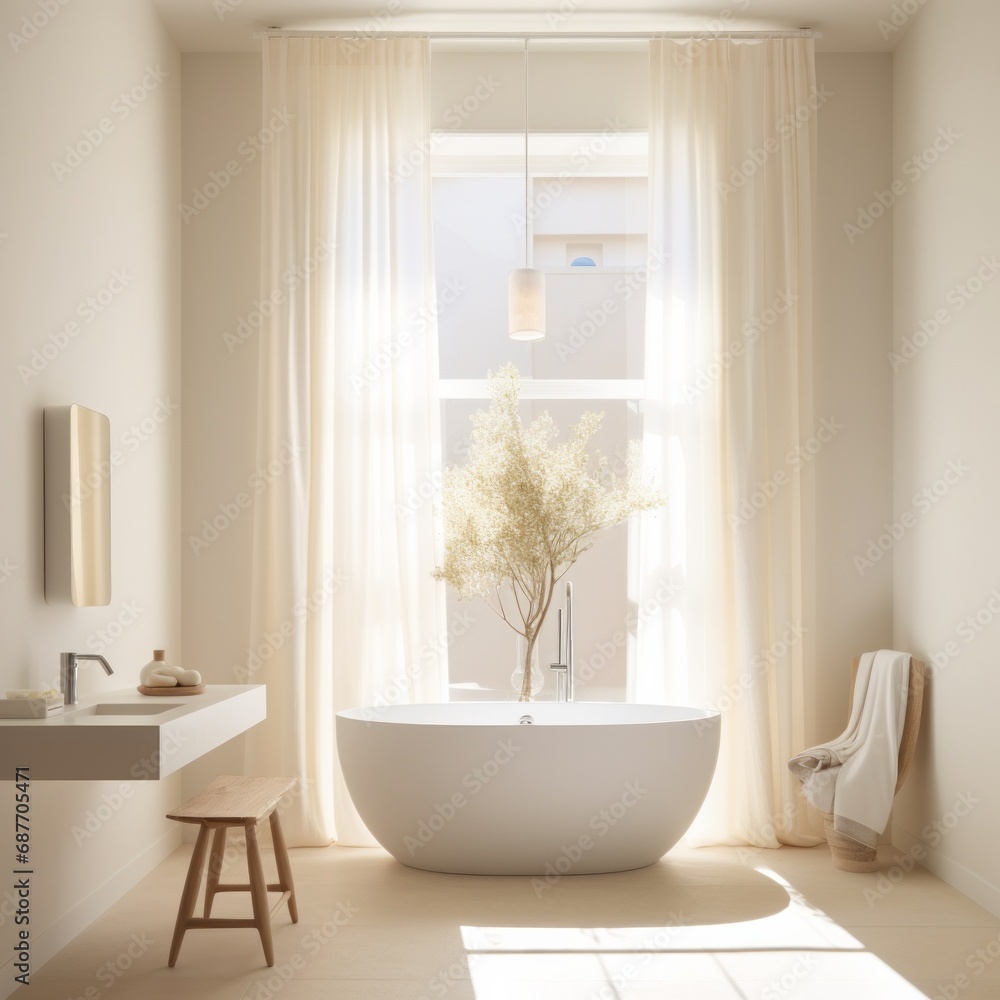 Fototapeta premium Sunny bathroom setting with a freestanding tub, green plants, and a comfortable, welcoming ambiance