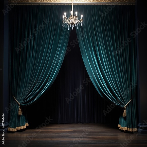 Velvet emerald curtains tied back with gold trim opening to reveal stylish dark interior