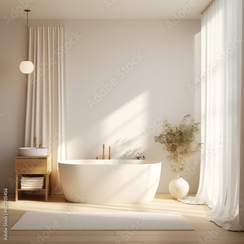 Bright modern bathroom with sunlight streaming through white curtains  offering a serene atmosphere
