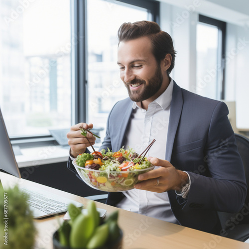 Businessman eating salad in the office. photo