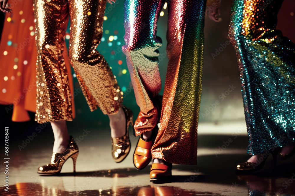 Fototapeta Closeup legs of people dancing in a disco surrounded by lights in colorful shiny clothes and trendy metallic shoes in 70s style. Ilustration, Generative AI