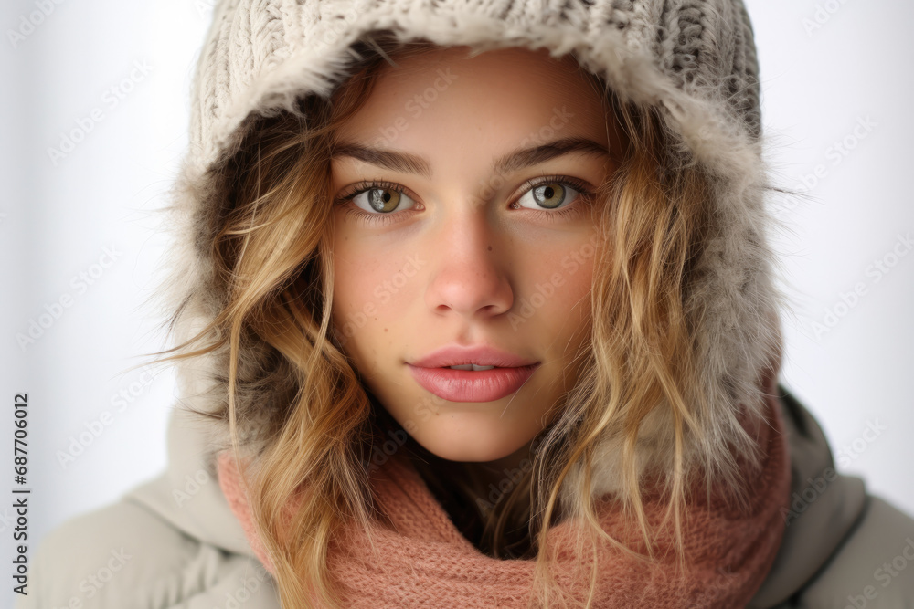 A woman wearing a scarf and a hat with a fur hood A woman wearing a scarf and a hat with a fur hood