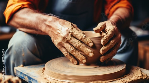 Pottery Workshop Creativity. Hands of a Skilled Artist Creating a Clay Pot on a Spinning Wheel