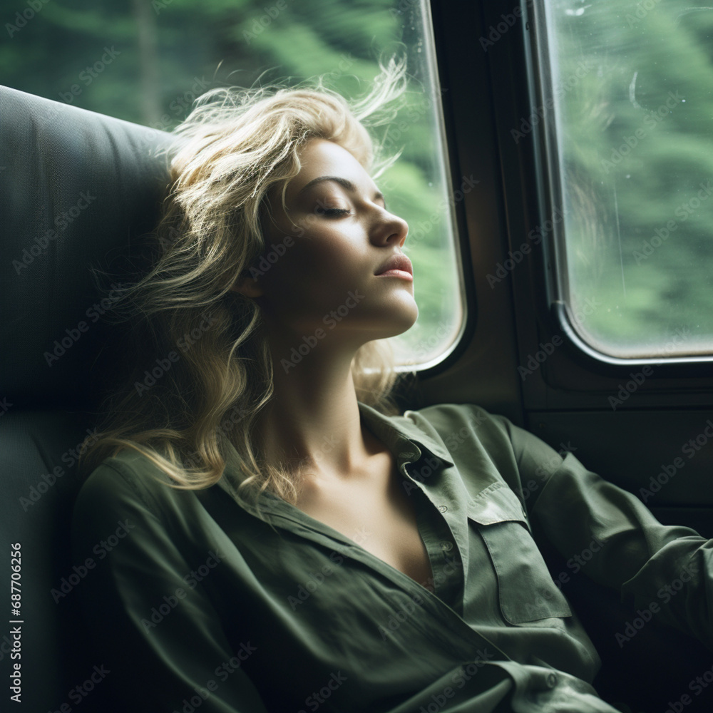 Relaxed woman sleeping on the train. Relaxed woman sleeping on the train.