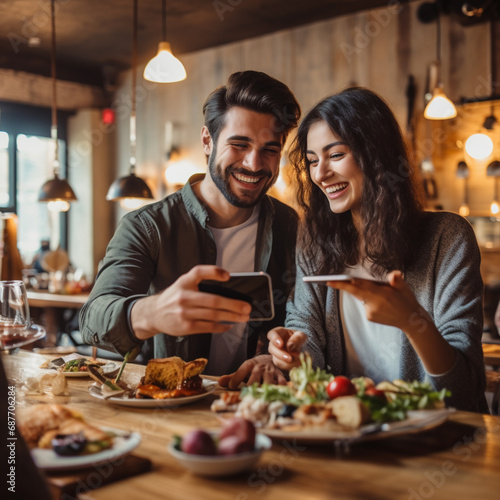 Couple taking photos of food in a restaurant. photo