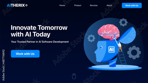Artificial Intelligence Landing Page Concept. AI Illustration. Digital Brain. 