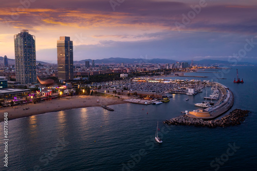 Top view of the evening Barcelona  the capital of the autonomous region of Catalonia  located on the Mediterranean coast  ..Spain