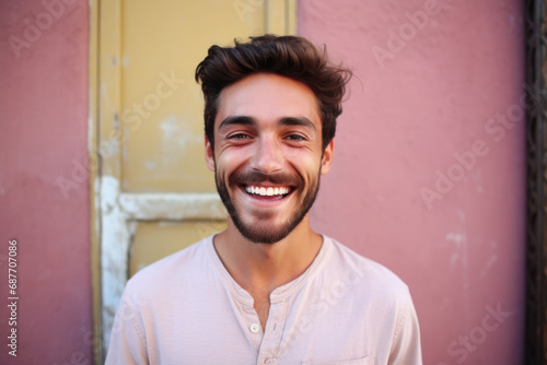 A man with a beard is smiling in front of a pink wall