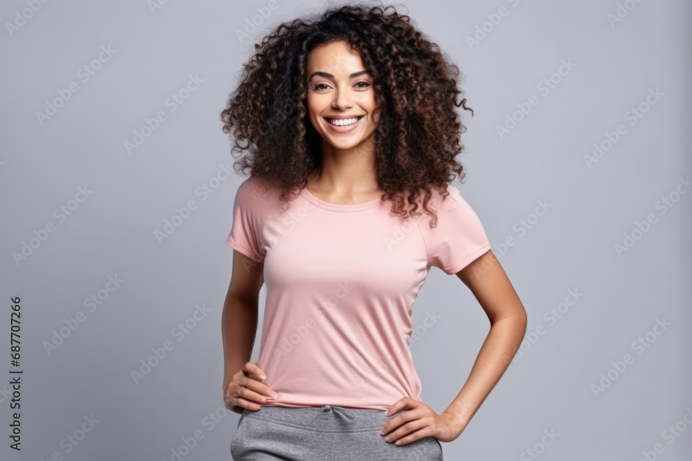 A woman with curly hair is wearing a pink shirt A woman with curly hair is wearing a pink shirt