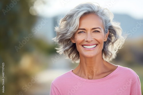 A woman with gray hair and a pink shirt smiles for the camera photo