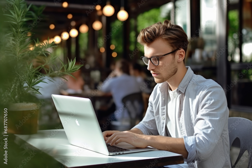 A man wearing glasses is typing on an apple laptop A man wearing glasses is typing on an apple laptop