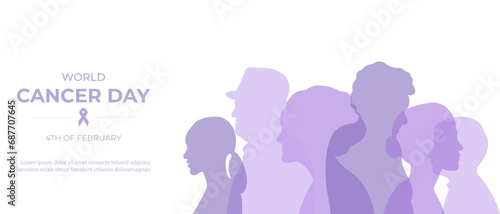 World cancer day banner.Vector illustration with silhouettes of people and purple ribbon.