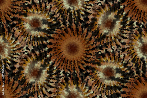 Seamless psychedelic ikat spiral fabric pattern  brown color