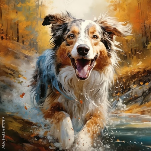 Autumn Joy: Australian Shepherd in Mid-Leap over a Forest Brook © Luiz