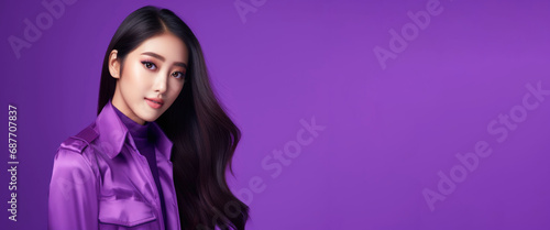 Portrait of beautiful asian woman with long black hair and makeup on purple background