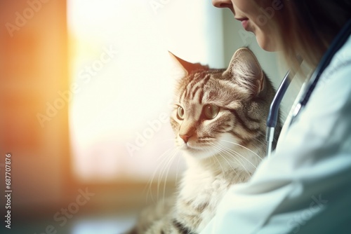  veterinarian doctor with stethoscope holding cute fluffy striped kitten in arms in veterinary clinic  photo