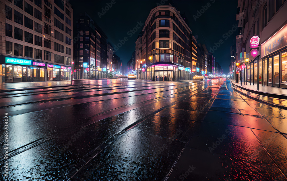 Night city, atmospheric neon lights, advertising signs, Generative AI