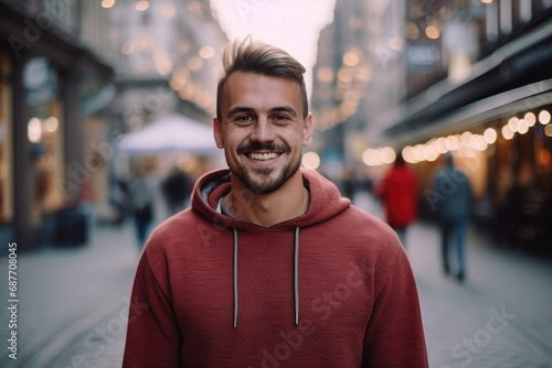 A man wearing a red hoodie is smiling for the camera