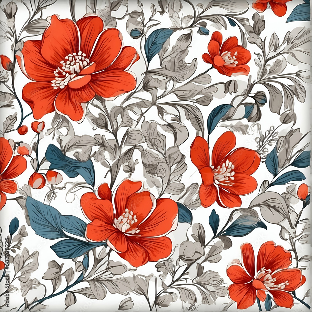 Seamless pattern with red flowers and leaves on a white background ...