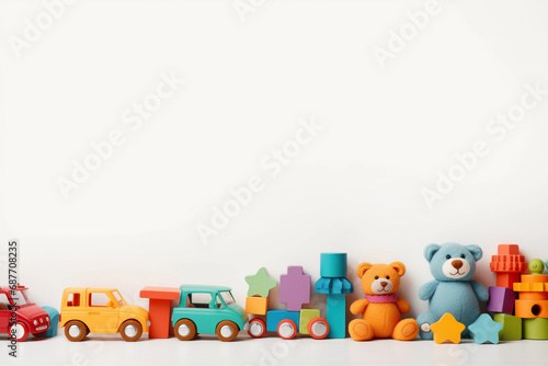 vibrant collection of children's toys arranged on a minimalist background © Dreem Visuals