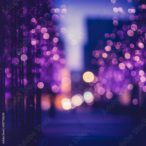 urban evening with purple bokeh lights creating a festive holiday party atmosphere