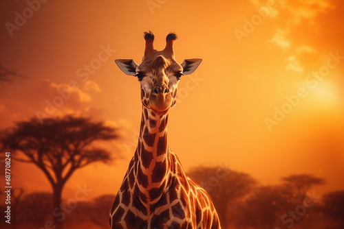 Giraffe im Sonnenuntergang in Afrika umgeben von Savanne, Ai generiert © Stefan Freytag