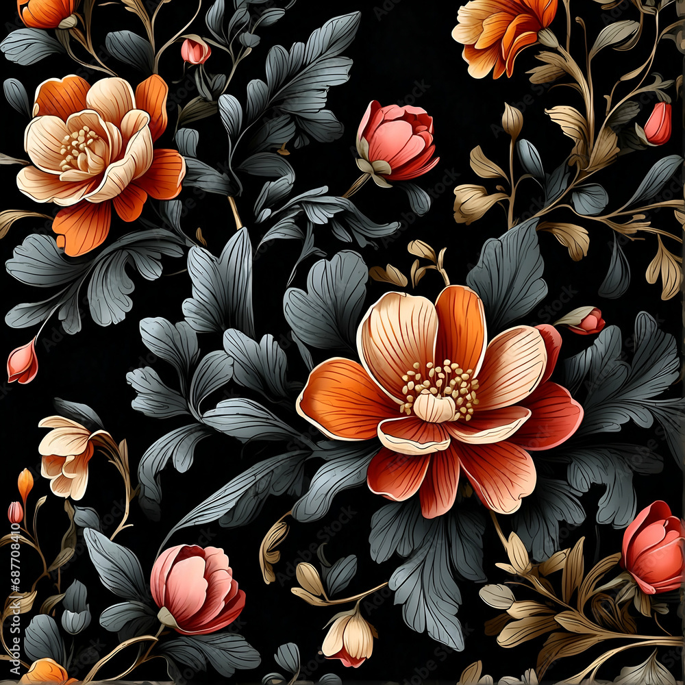 Seamless pattern with flowers on black background. Vector illustration, black floral fabric by the yard, dark floral pattern, gothic floral pattern, damask seamless pattern, floral pattern wallpaper