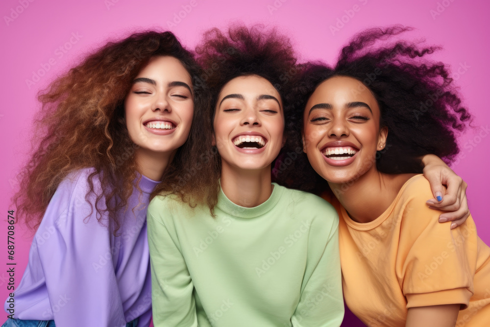 Obraz premium Three women are posing for a picture and laughing with their eyes closed