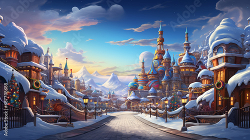 Fantastical winter wonderland in a cartoon style, showcasing a vivid amusement park and candy land. ai generated.