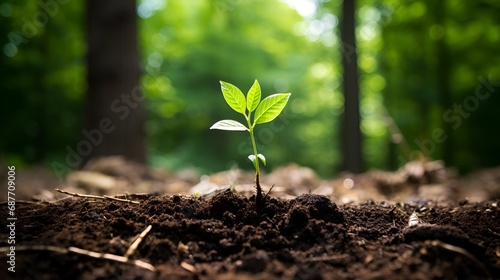 Ein Baumsetzling wächst im Wald, Sinnbild für Nachhaltigkeit, Wachstum, Neubeginn