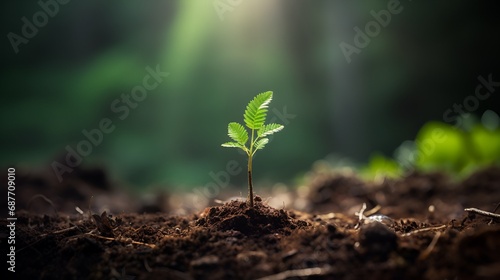 Ein Baumsetzling wächst im Wald, Sinnbild für Nachhaltigkeit, Wachstum, Neubeginn