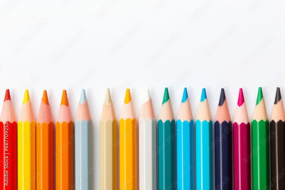 Row of sharpened colored pencils on a white background arranged in a gradient spectrum, a vibrant representation of art tools and creativity. Row of sharpened colored pencils on a white background arranged in a gradient spectrum, a vibrant representation of art tools and creativity.