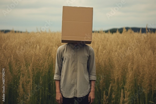 Person with cardboard box over head in a wheat field, evoking anonymity and existential concepts, suitable for conceptual themes. photo