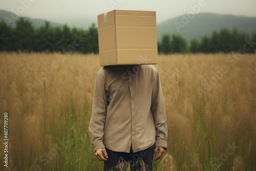 Conceptual image of a person with a cardboard box on their head in a wheat field, symbolizing anonymity and uniformity.