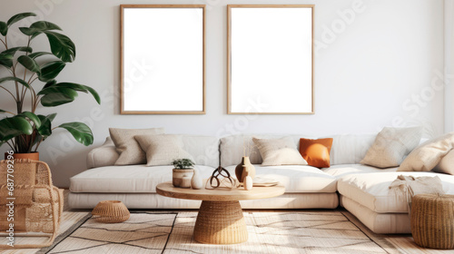 Frame and poster mockup in interior background, Scandi-Boho style, pastel colors