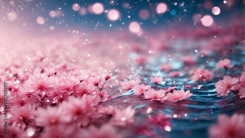 Fiori di ciliegio, sakura, galleggiano sull'acqua azzurra con sfondo sfocato con colore rosa