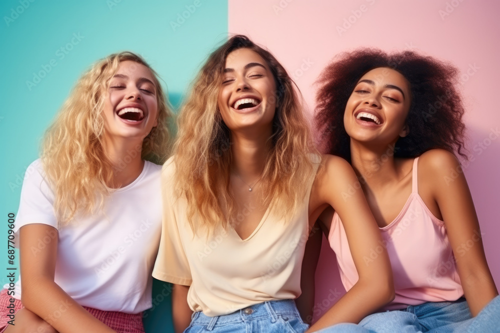 Three women are sitting next to each other and laughing Three women are sitting next to each other and laughing