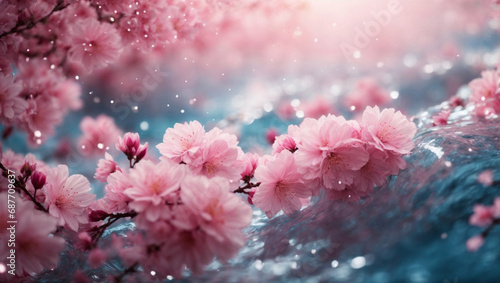 Fiori di ciliegio, sakura, galleggiano sull'acqua azzurra con sfondo sfocato con colore rosa photo