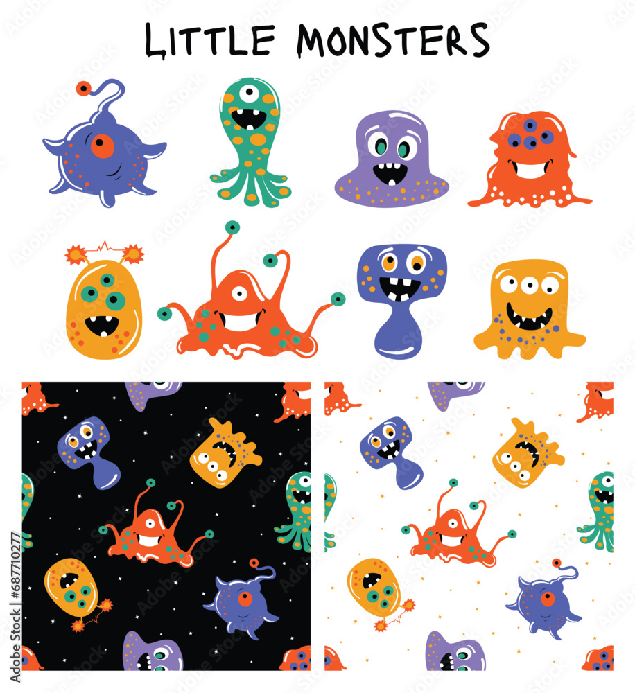 Fototapeta premium Seamless Little Monsters Vector Set Playful Patterns for Kids