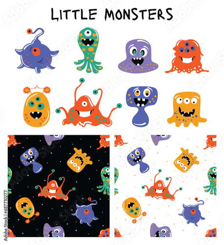 Seamless Little Monsters Vector Set Playful Patterns for Kids © livia