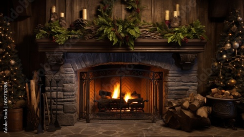  a fireplace in a living room with a christmas tree on the fireplace mantel and a christmas tree on the fireplace mantel.