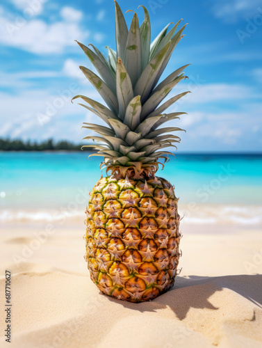 Pineapple on a tropical beach with turquoise water and blue sky. 