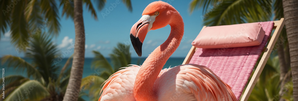 Obraz premium Cute cartoon funny flamingo, beach, palm trees