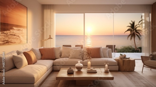 costal life interior design, photorealistic, high quality, livingroom, design golden hour, 16:9