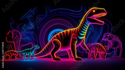 dinosaur shapes, neon outlines, dark colors, minimalist style, 16:9 © Christian