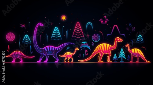 dinosaur shapes, neon outlines, dark colors, minimalist style, 16:9 © Christian