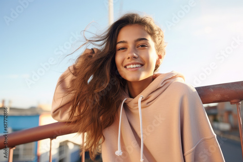 A woman wearing a hoodie is smiling with her hair blowing in the wind