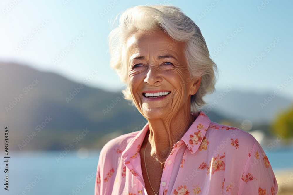 An elderly woman wearing a pink floral shirt is smiling