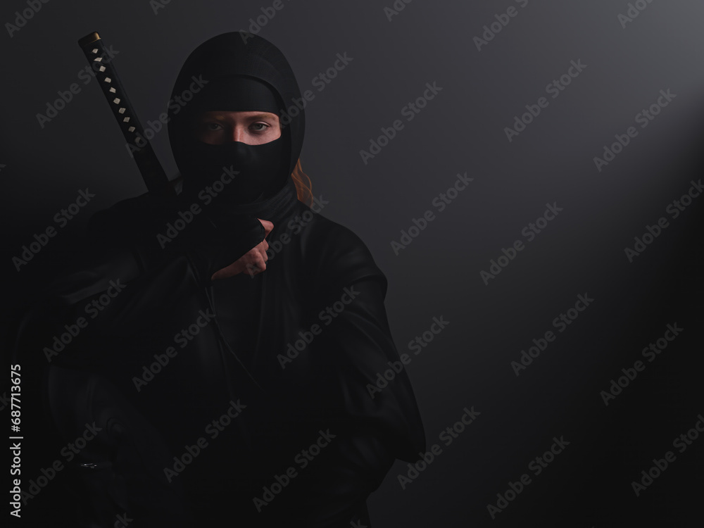 A red-haired female ninja staring ahead in dark. Traditional ninja style. Dramatic ligthing. 3D illustration. A red-haired female ninja staring ahead in dark. Traditional ninja style. Dramatic ligthing. 3D illustration.