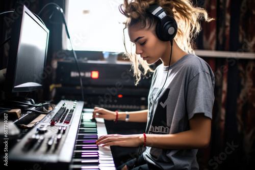 A woman wearing headphones is playing a piano photo